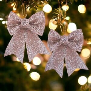 2- Mesh Bow Ornaments Christmas Large 11 in Pink Glittering Hanging